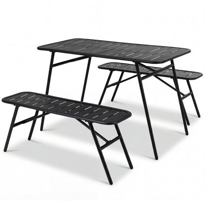 Black 3-piece outdoor dining set with coffee table and two benches, perfect for backyard decks, by Direct by Wilsons Home Store.