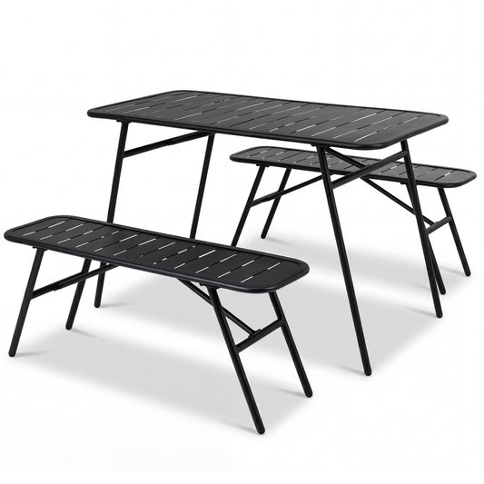 Black 3-piece outdoor dining set with coffee table and two benches, perfect for backyard decks, by Direct by Wilsons Home Store.