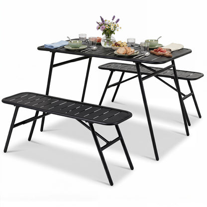 Black 3-piece outdoor dining set with coffee table and two benches, perfect for backyard patio from Wilsons Home Store.
