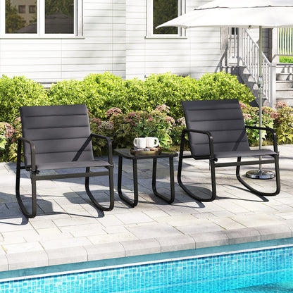 3 Piece Outdoor Rocking Bistro Set Porch Rocker Chairs with Tempered Glass Table-Gray