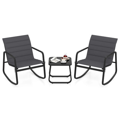 3 Piece Outdoor Rocking Bistro Set Porch Rocker Chairs with Tempered Glass Table-Gray