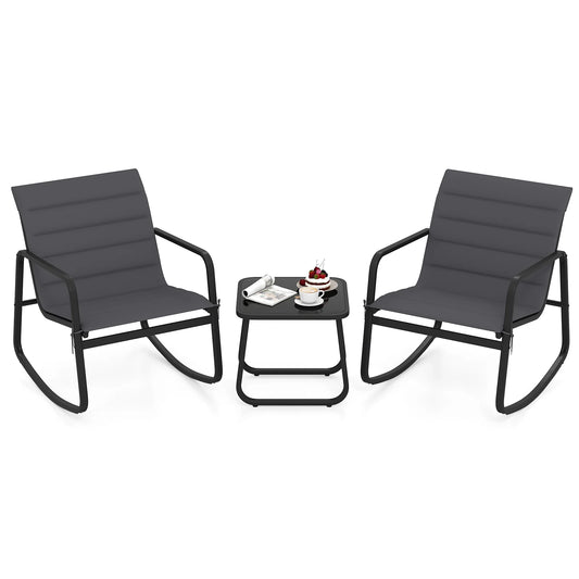 3 Piece Outdoor Rocking Bistro Set Porch Rocker Chairs with Tempered Glass Table-Gray