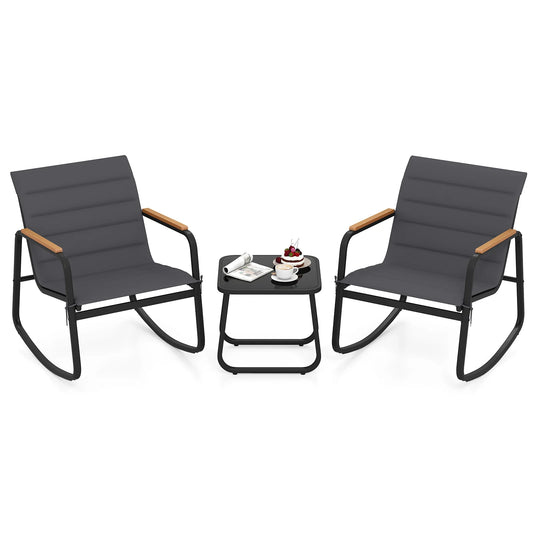 3 Piece Outdoor Rocking Bistro Set Porch Rocker Chairs-Gray