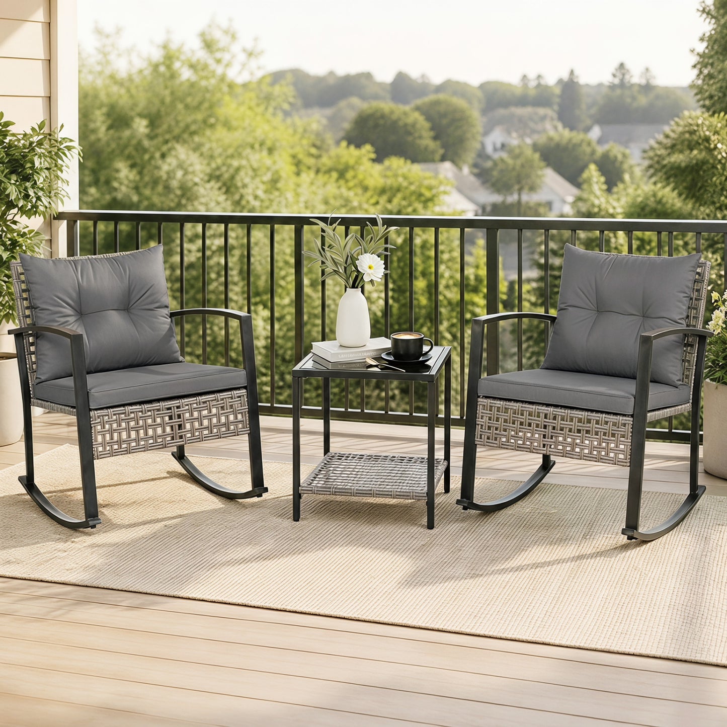 3-Piece Outdoor Rocking Chair Set for Garden-Gray