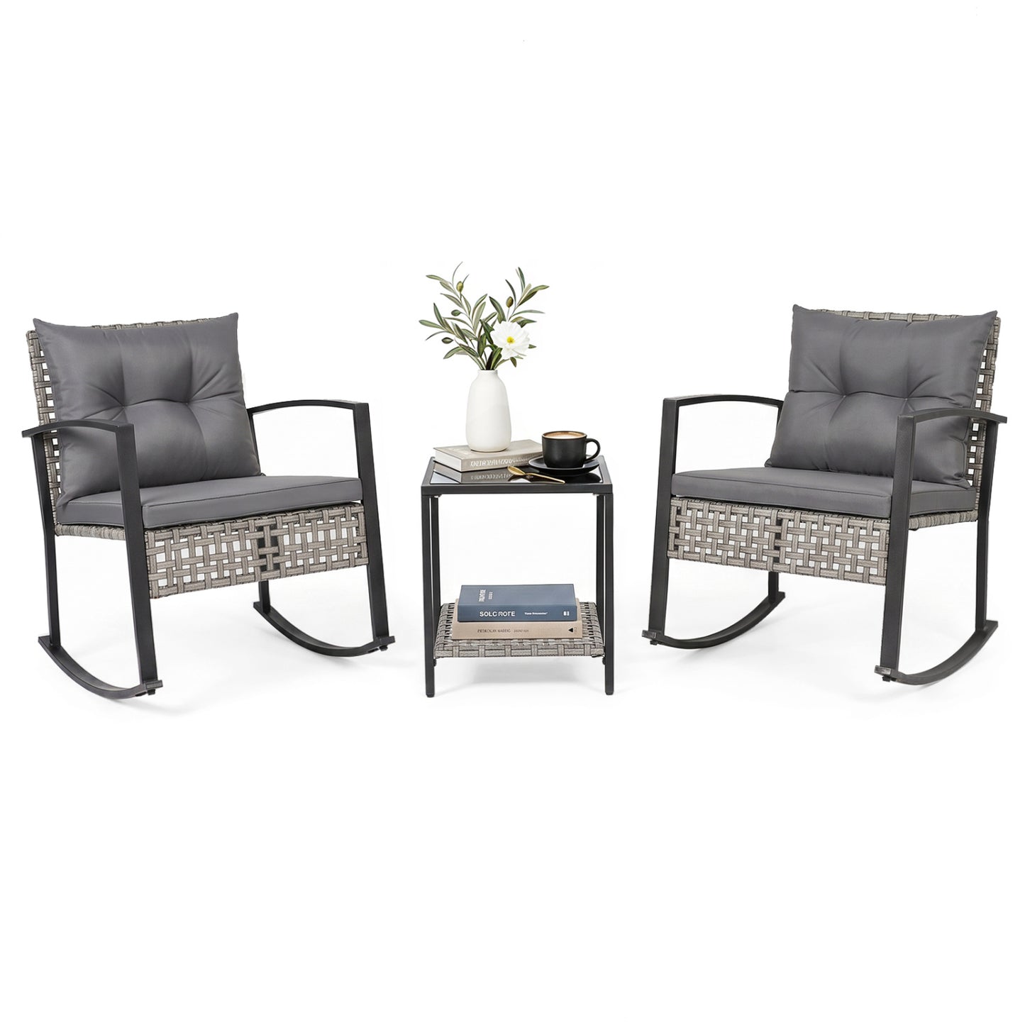 3-Piece Outdoor Rocking Chair Set for Garden-Gray