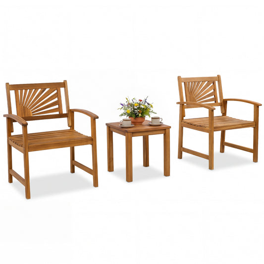 Three-piece patio bistro set with acacia wood table and two slatted armchairs for outdoor patio seating.