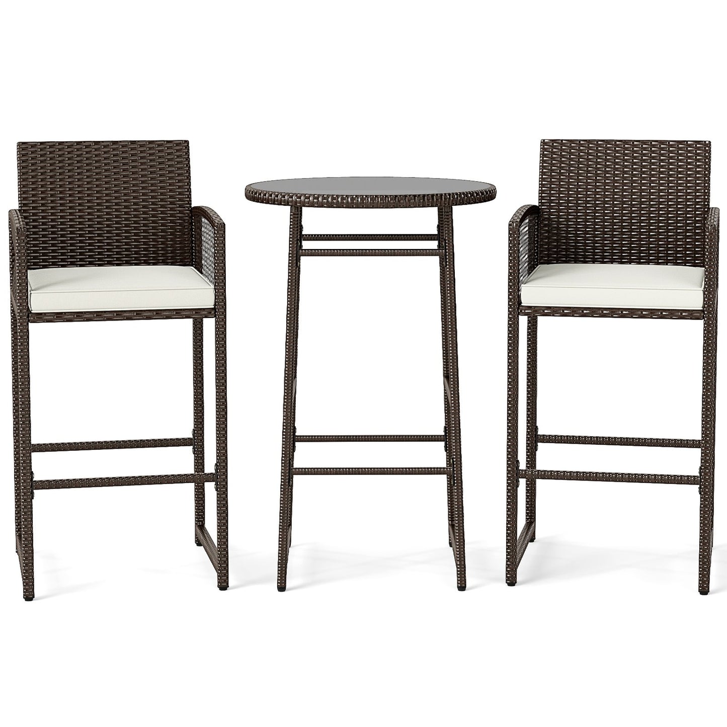 3 Piece Patio Bar Set Outdoor Wicker Bar Height Table and Armchairs-White