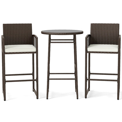3 Piece Patio Bar Set Outdoor Wicker Bar Height Table and Armchairs-White