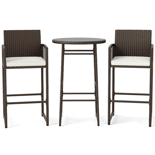 3 Piece Patio Bar Set Outdoor Wicker Bar Height Table and Armchairs-White