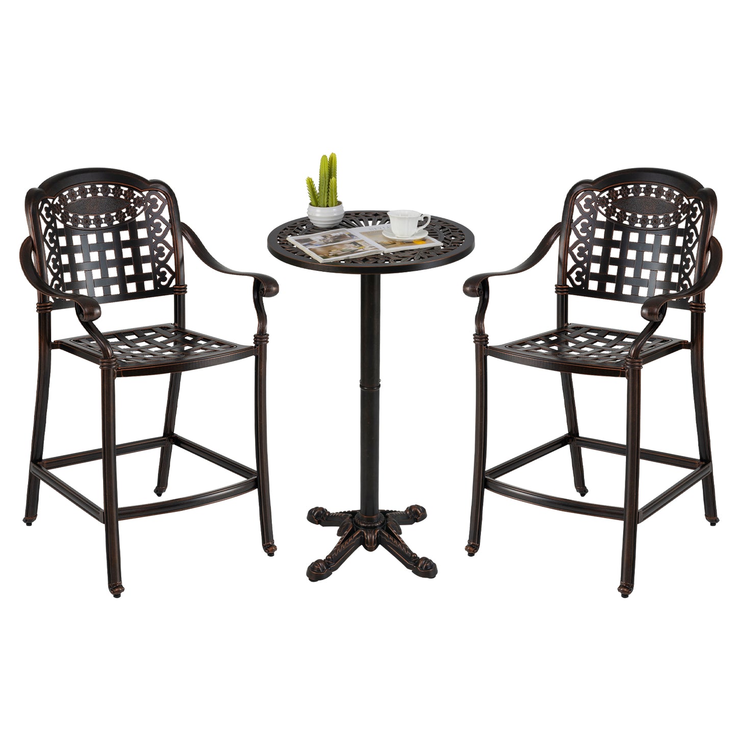 3 Piece Patio Bar Set Outdoor Cast Aluminum Round High Top Table 2 Counter Height Bar Stools