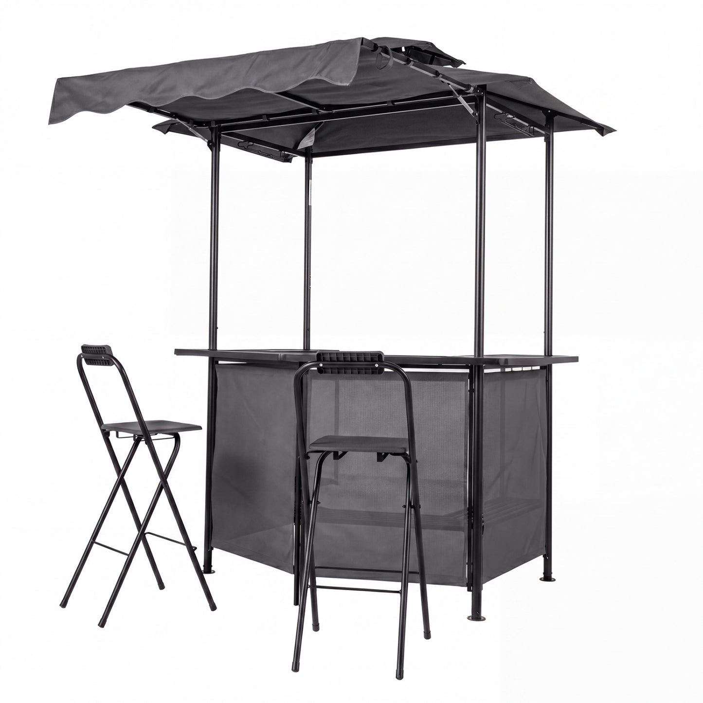 3-Piece Patio Bar Set Outdoor Grill Gazebo and 2 Folding Bar Stools-Black