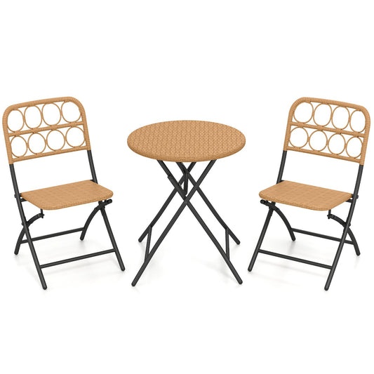 3 Piece Patio Bistro Set Folding Round Table and Chairs with Wicker Seat