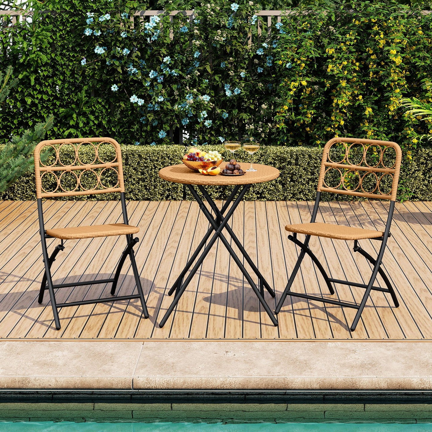 3 Piece Patio Bistro Set Folding Round Table and Chairs with Wicker Seat