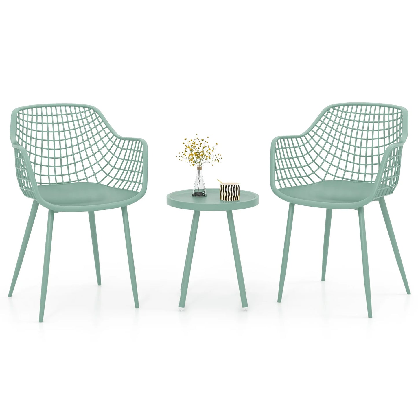 3 Piece Patio Chair Set with PP Seat and Tabletop for Porch-Green