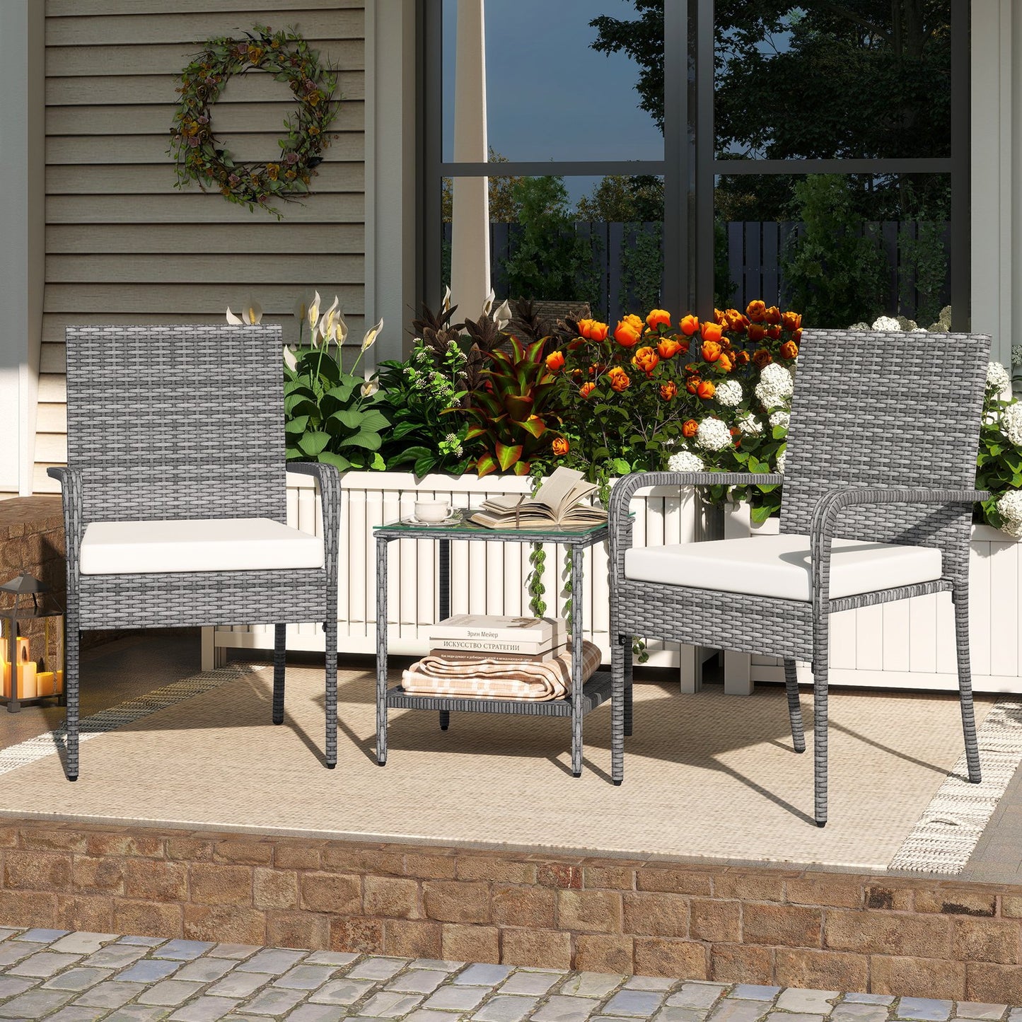 3 Piece Patio Furniture Set with Seat Cushions and Tempered Glass Tabletop for Balcony-Black
