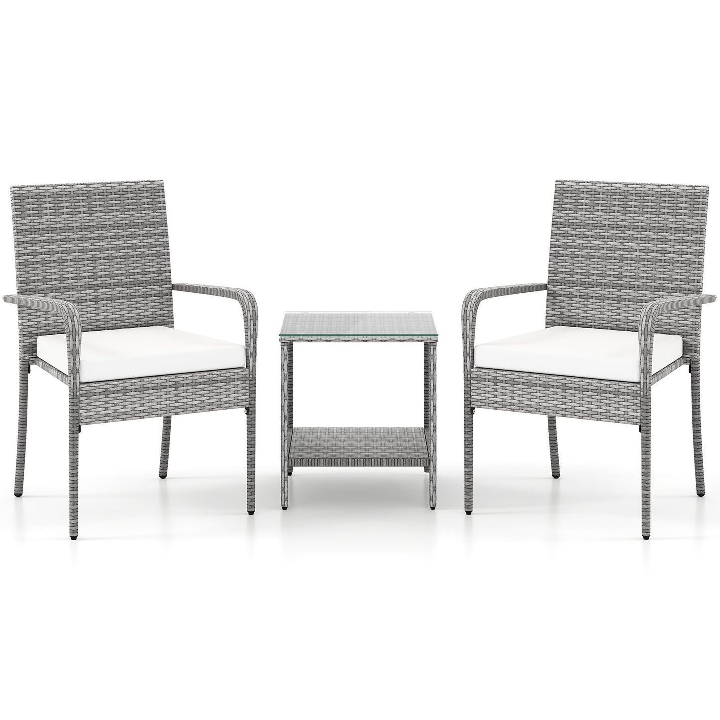3 Piece Patio Furniture Set with Seat Cushions and Tempered Glass Tabletop for Balcony-Black