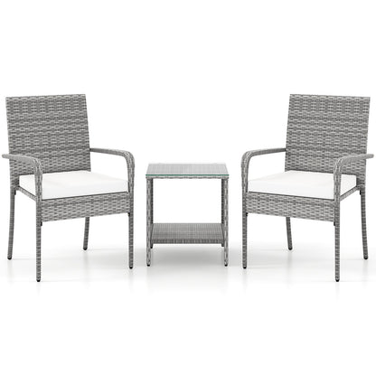 3 Piece Patio Furniture Set with Seat Cushions and Tempered Glass Tabletop for Balcony-Black