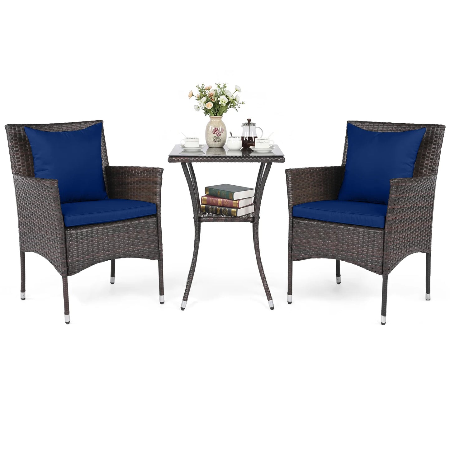 3 Pieces Patio Furniture Set with Cushioned Patio Chairs and Tempered Glass Coffee Table-Brown