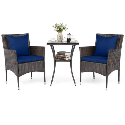 3 Pieces Patio Furniture Set with Cushioned Patio Chairs and Tempered Glass Coffee Table-Brown