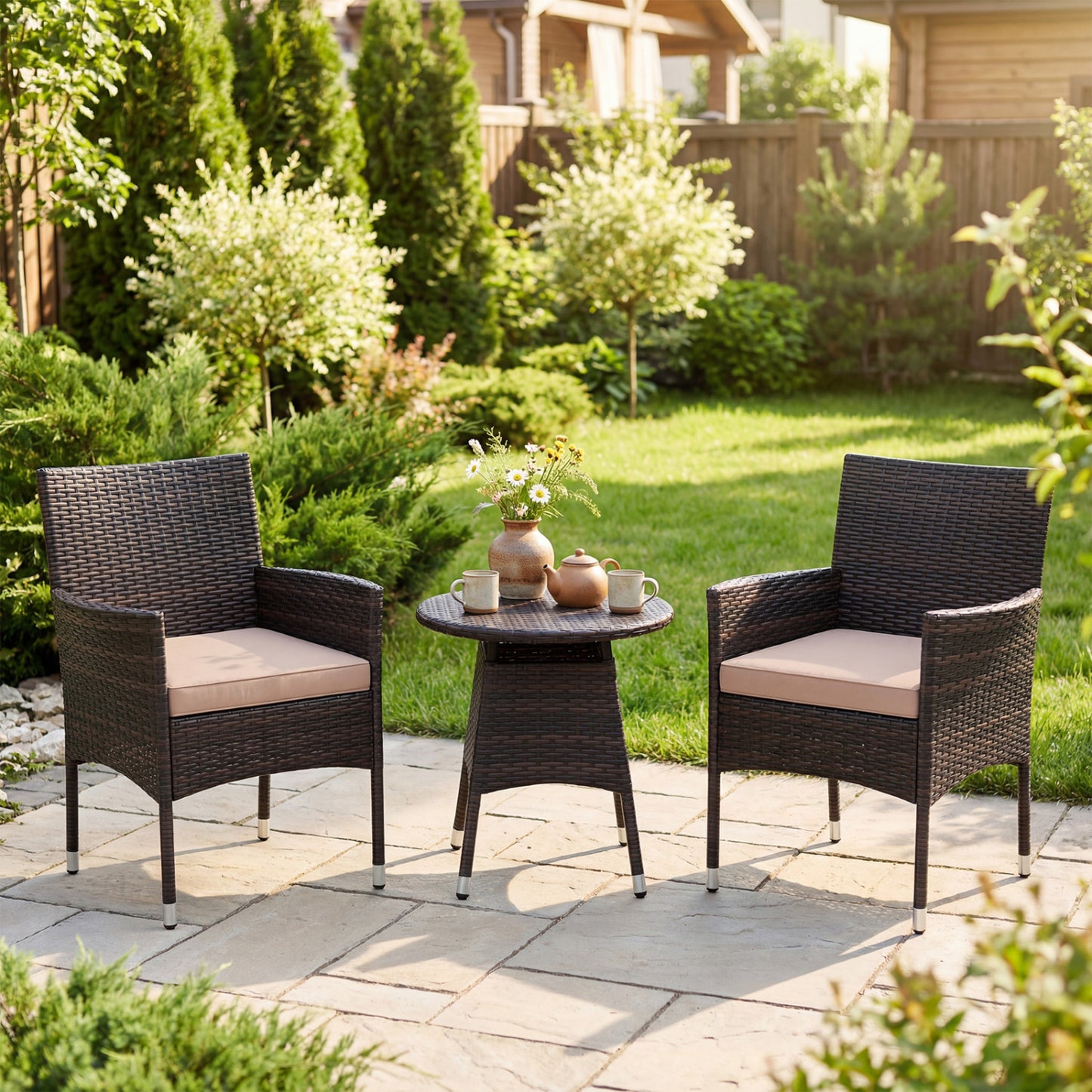 3 Piece Patio Furniture Set Outside Bistro Set for Porch-Beige