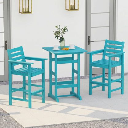 3-Piece Patio HDPE Bar Set with Square High-Top Table for Backyard and Poolside-Turquoise