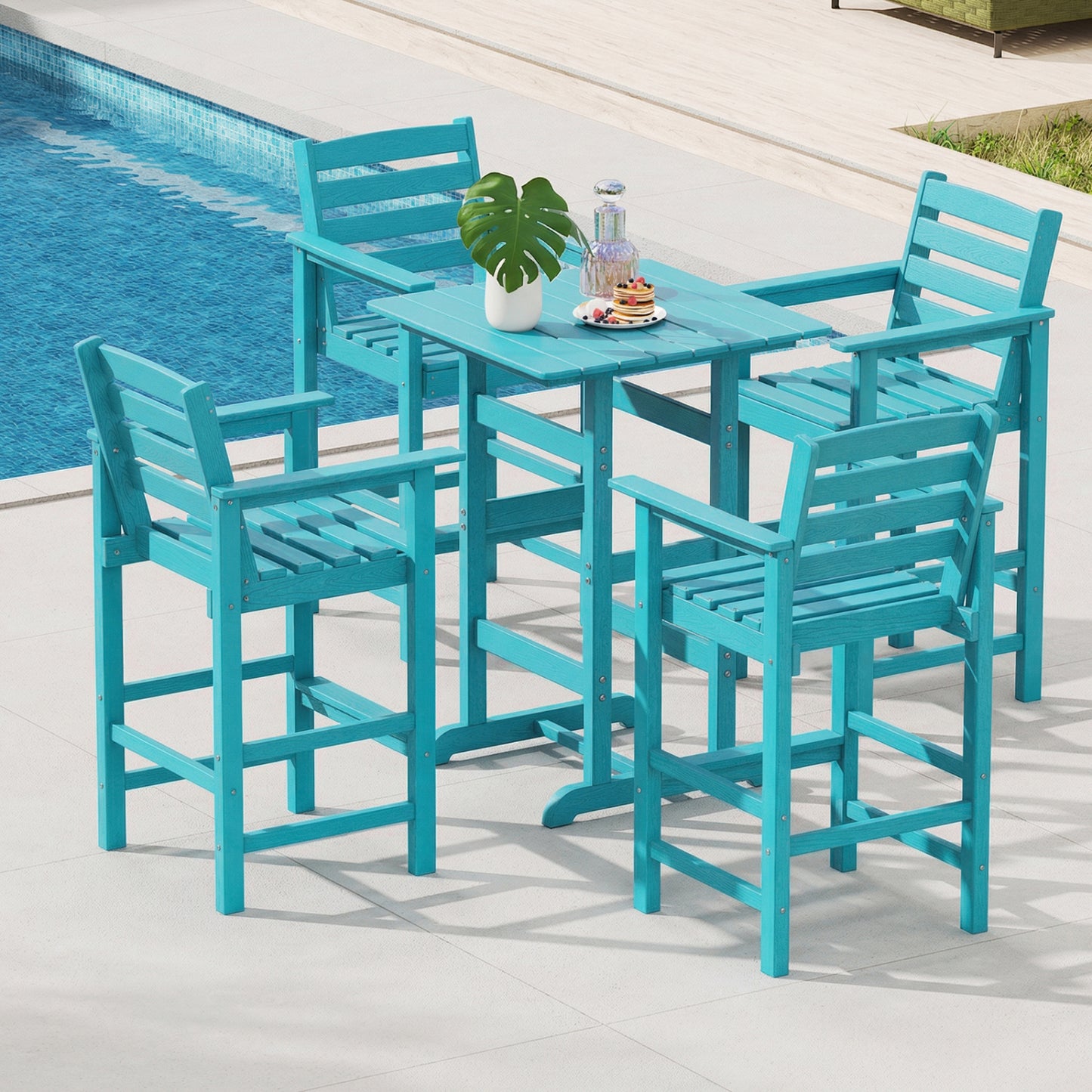 3-Piece Patio HDPE Bar Set with Square High-Top Table for Backyard and Poolside-Turquoise