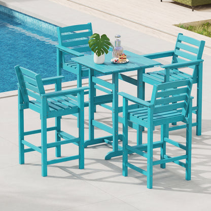 3-Piece Patio HDPE Bar Set with Square High-Top Table for Backyard and Poolside-Turquoise