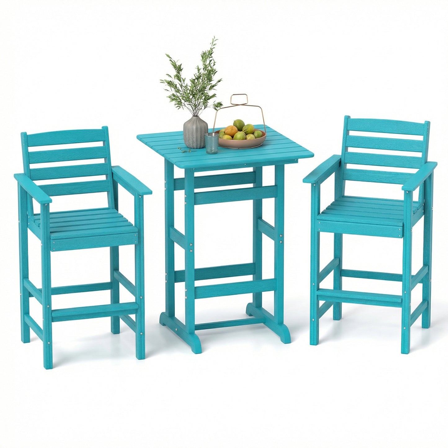 3-Piece Patio HDPE Bar Set with Square High-Top Table for Backyard and Poolside-Turquoise