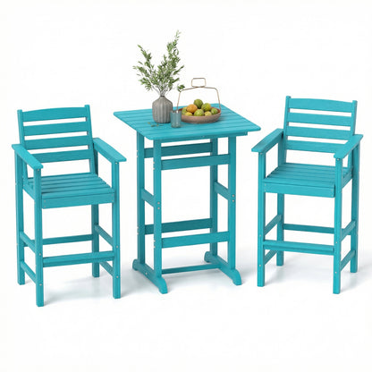 3-Piece Patio HDPE Bar Set with Square High-Top Table for Backyard and Poolside-Turquoise