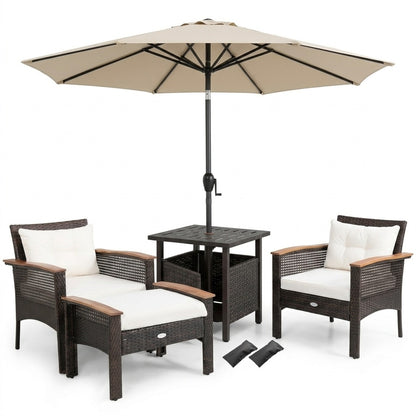 3-piece patio lounge bundle with PE rattan conversation set, wicker umbrella side table, and 7.5 ft tilt market umbrella for outdoor patio.