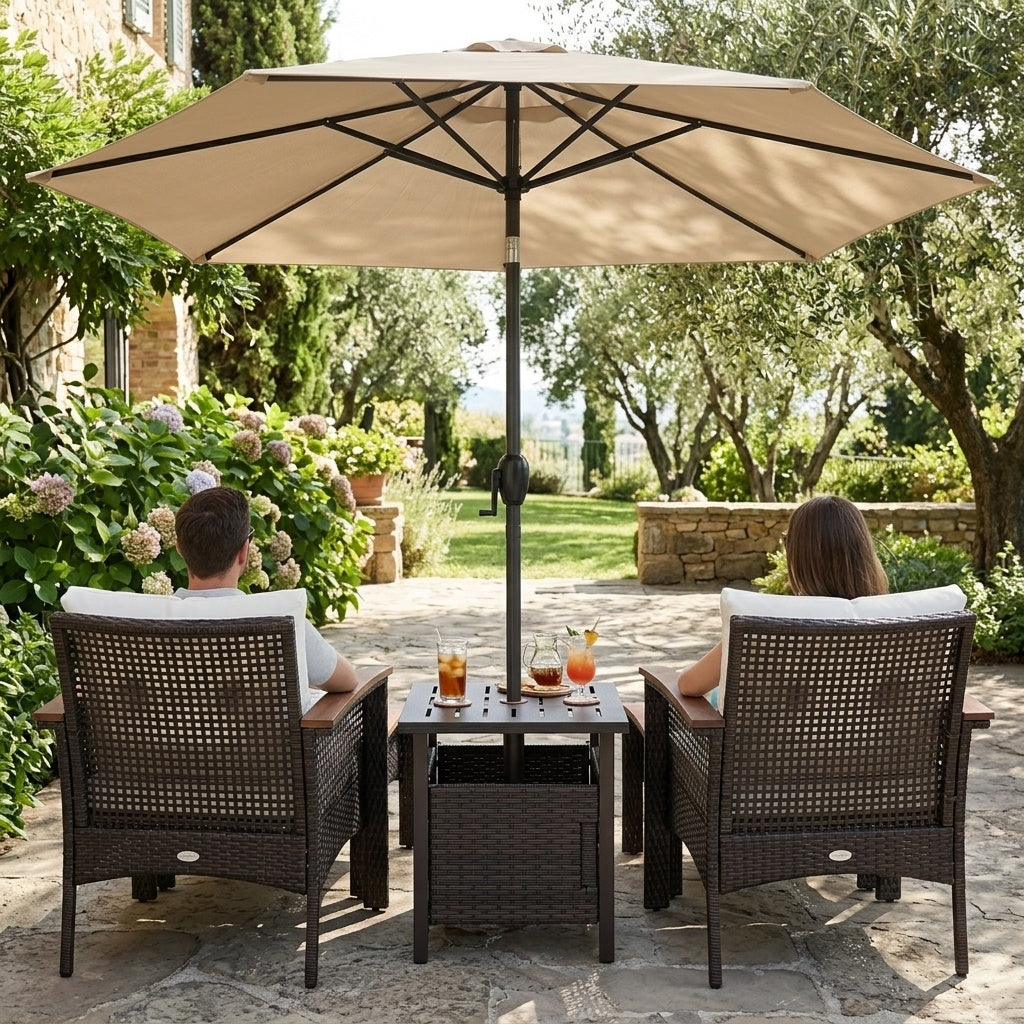 3-piece patio lounge bundle with wicker conversation set, umbrella side table, and 7.5 ft tilt market umbrella for outdoor patio use