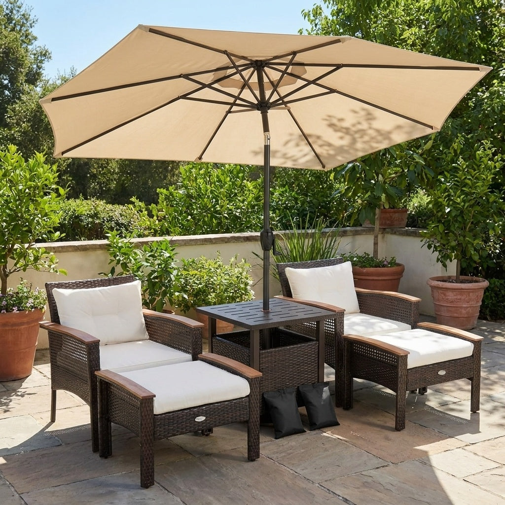 3-piece patio lounge bundle with PE rattan conversation set, wicker side table, and 7.5 ft tilt market umbrella for outdoor patio.