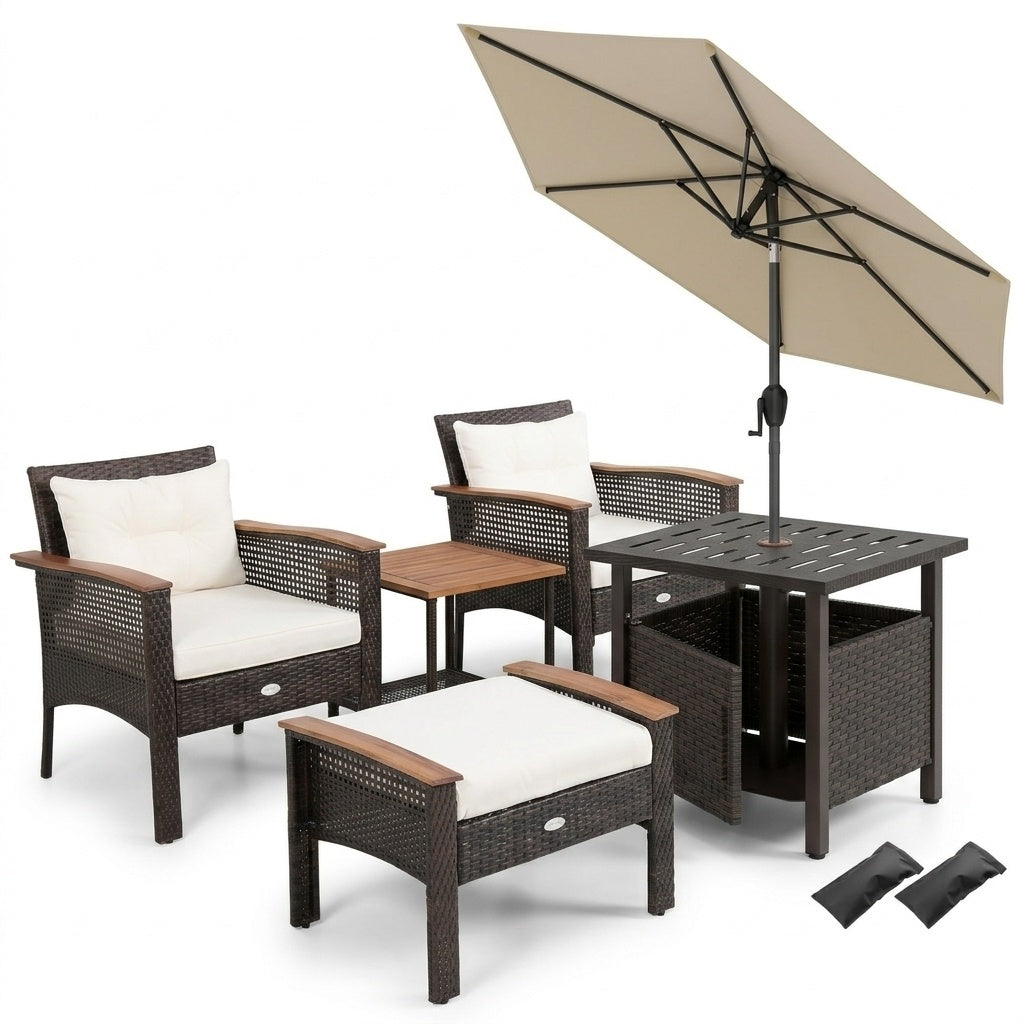 3-piece patio lounge bundle with rattan conversation set, wicker side table, and 7.5 ft tilt market umbrella for outdoor patio.
