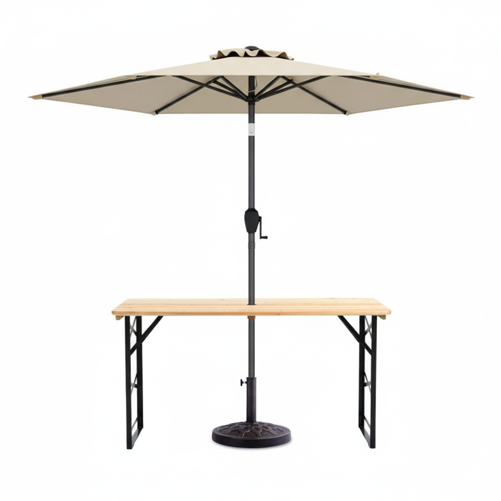 3-Piece Patio Picnic Table Set: Adjustable Wooden Picnic Table + Umbrella + Umbrella Base