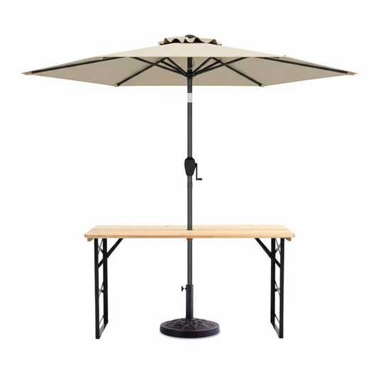 3-Piece Patio Picnic Table Set: Adjustable Wooden Picnic Table + Umbrella + Umbrella Base