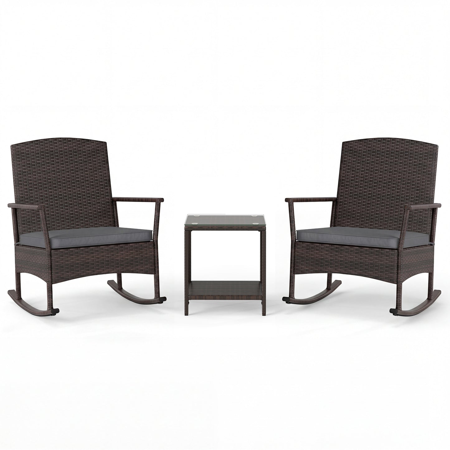 3 Piece Patio Rocking Set Wicker Rocking Chairs with 2-Tier Coffee Table-Gray