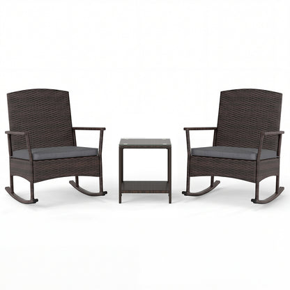 3 Piece Patio Rocking Set Wicker Rocking Chairs with 2-Tier Coffee Table-Gray