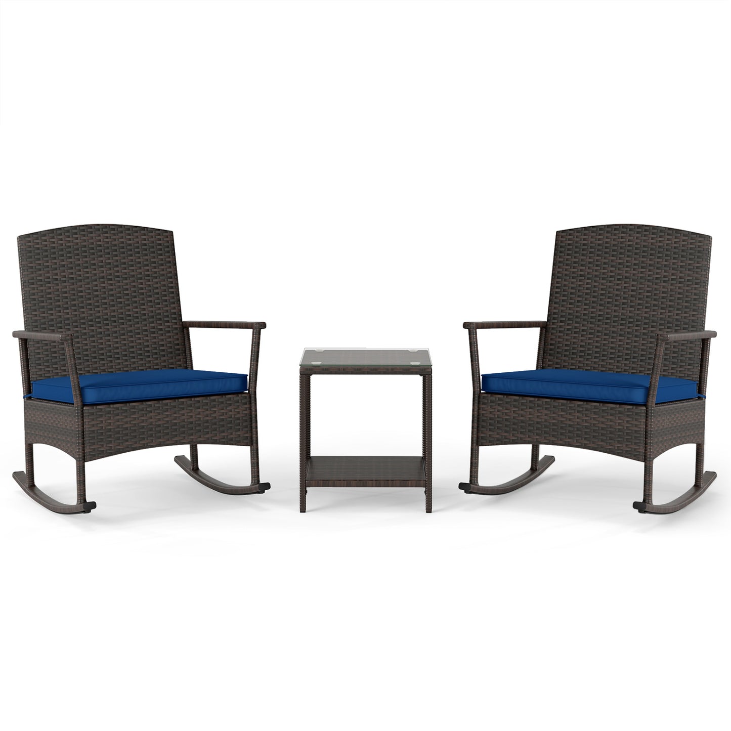 3 Piece Patio Rocking Set Wicker Rocking Chairs with 2-Tier Coffee Table-Gray