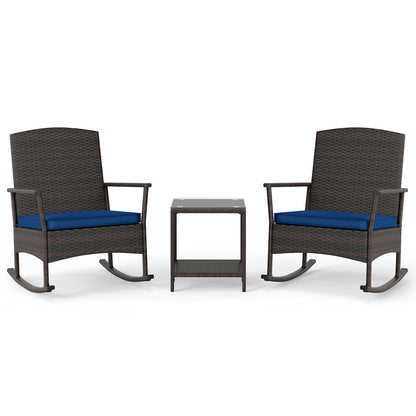 3 Piece Patio Rocking Set Wicker Rocking Chairs with 2-Tier Coffee Table-Gray