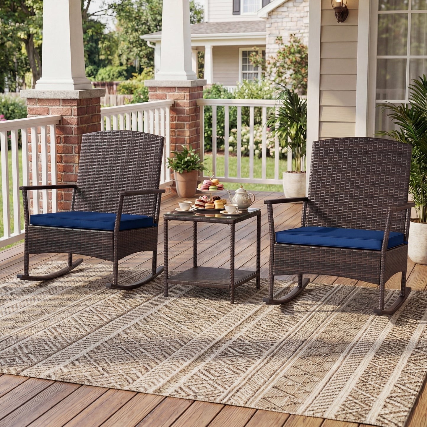 3 Piece Patio Rocking Set Wicker Rocking Chairs with 2-Tier Coffee Table-Gray