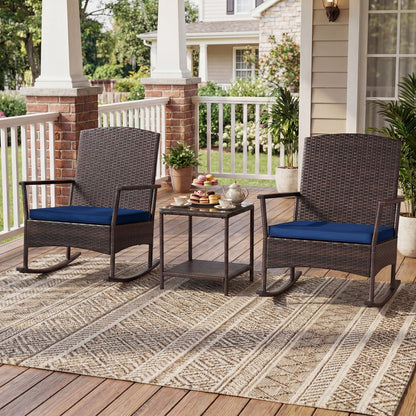 3 Piece Patio Rocking Set Wicker Rocking Chairs with 2-Tier Coffee Table-Gray