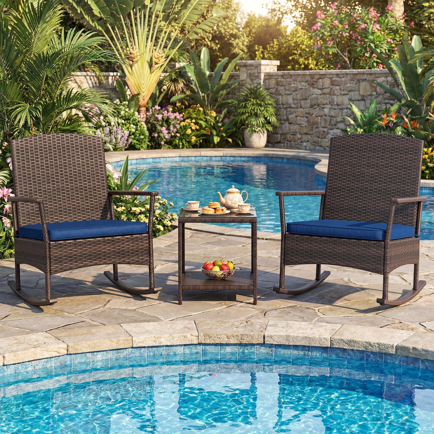 3 Piece Patio Rocking Set Wicker Rocking Chairs with 2-Tier Coffee Table-Gray
