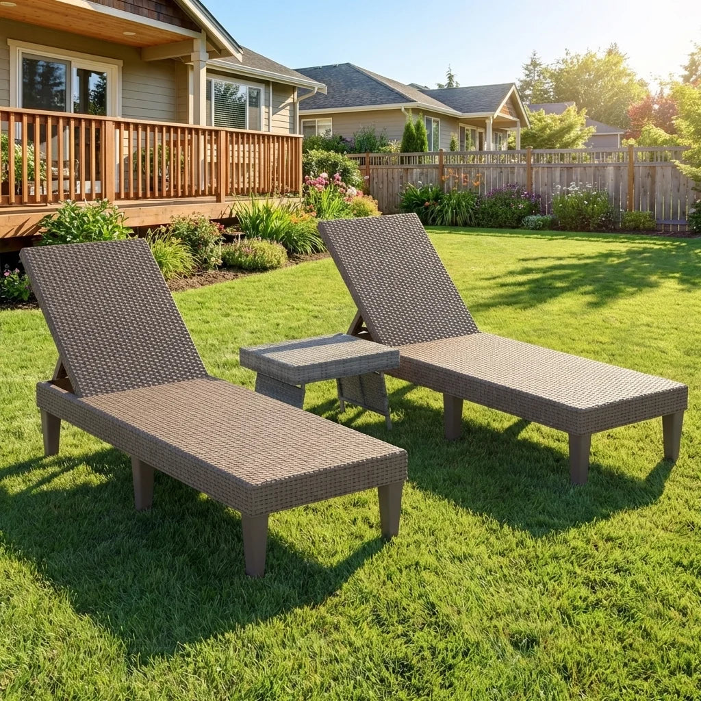 3-Piece Patio Set with 2 Adjustable Lounger Chairs and Rattan Side Table