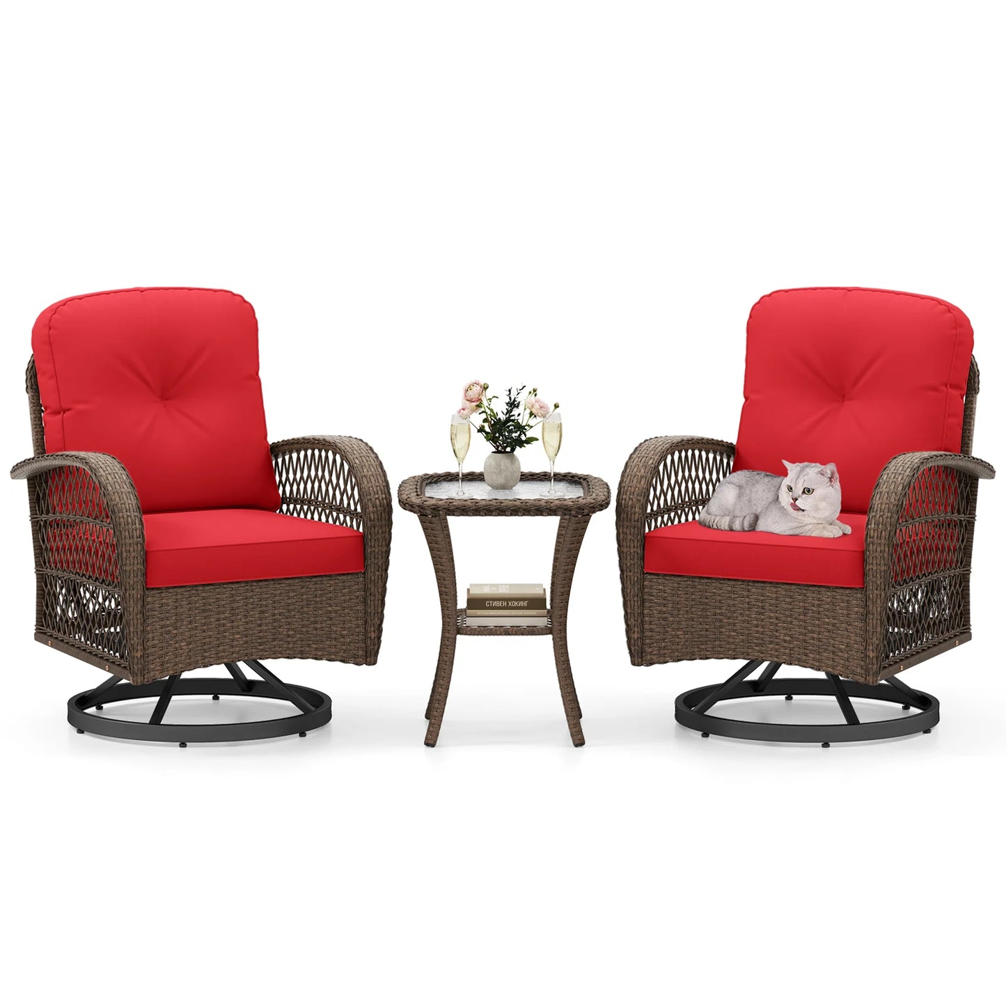3 Piece Patio Swivel Rocker Set with Tempered Glass Side Table and Thick Cushions-Red