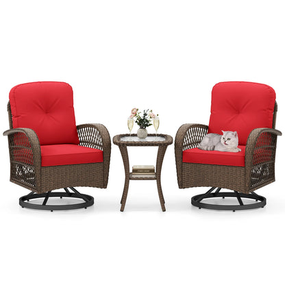 3 Piece Patio Swivel Rocker Set with Tempered Glass Side Table and Thick Cushions-Red