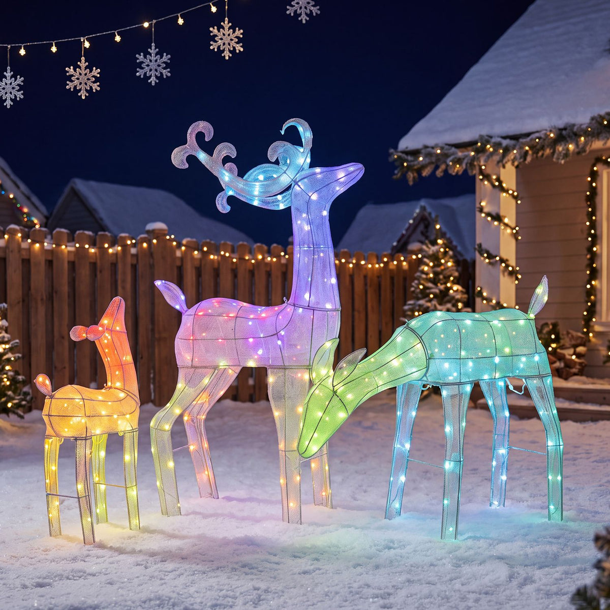 Three RGB lighted Christmas deer figures with app control, festive holiday decor for Christmas display.