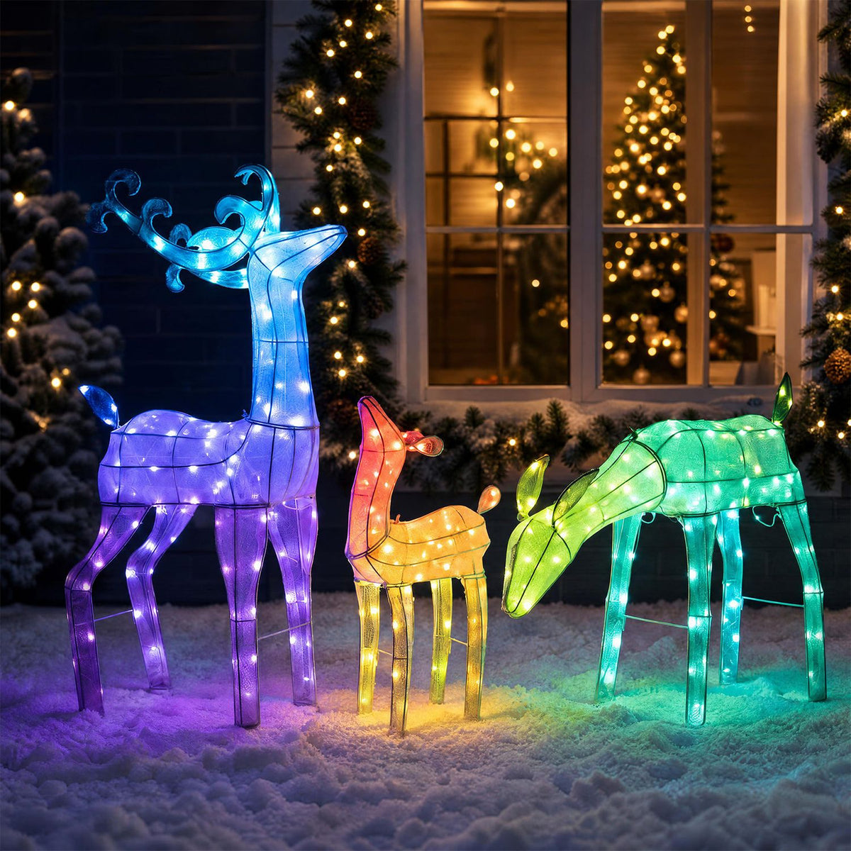 Three RGB lighted Christmas deer family set with app control, holiday decor for festive Christmas decoration.