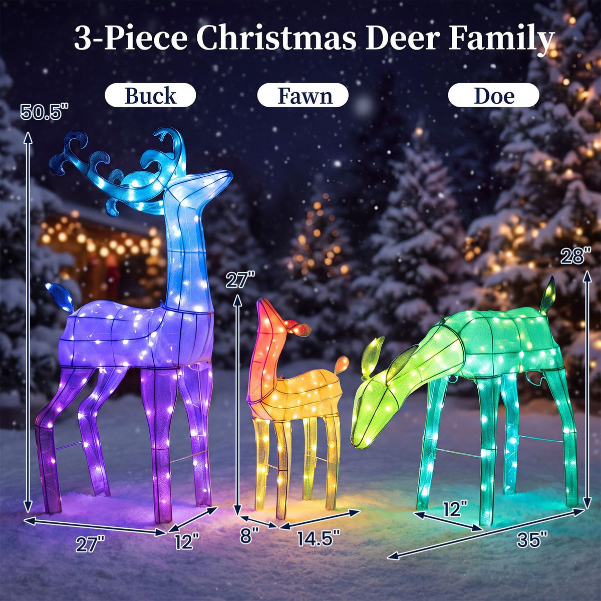 Three RGB lighted Christmas deer family set with app control, holiday decor for festive seasonal decoration.