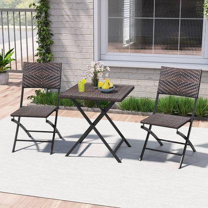 3 Piece Rattan Bistro Set Outdoor Folding Dining Table and Chairs with Wicker Seat
