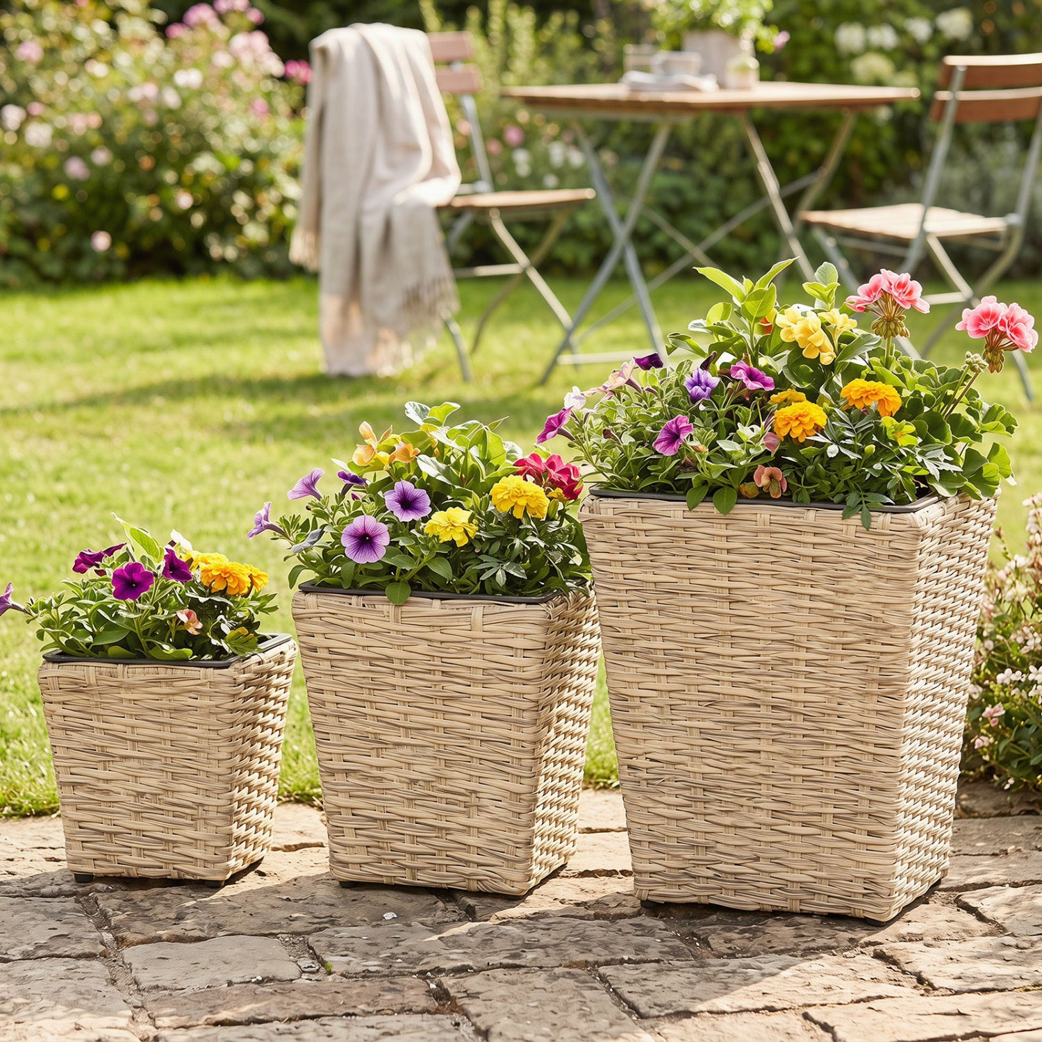 Three-piece natural rattan planter box kit with removable plastic liners, suitable for outdoor raised garden beds.